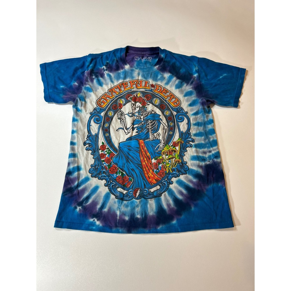 Liquid Blue Grateful Dead T-Shirt Men's Small Blue Tie Dye Bertha Skeleton Roses